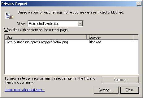 MS IE 6 Privacy Report: Blogsome Dashboard.